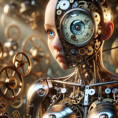 The primary subject of the image is a robot with a clock face for a head. The robot is surrounded by numerous clocks, creating a visually striking scene. The setting appears to be a futuristic environment, with the robot as the main focus. The visual style of the image is a combination of digital art and illustration, giving it a unique and intriguing appearance. The dominant colors in the image are silver and gold, which contribute to the robot's futuristic and technological aesthetic.